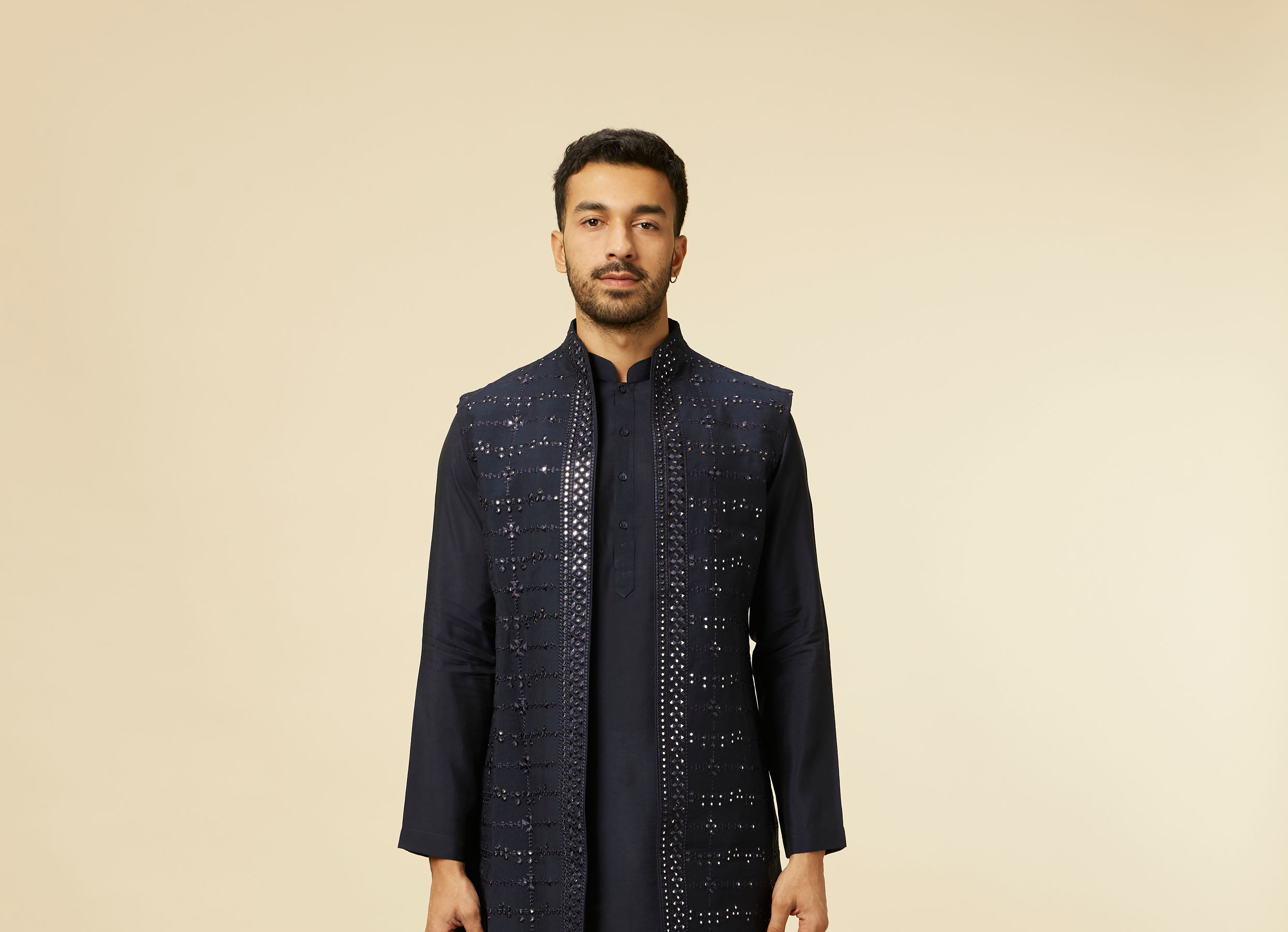 Twamev Men Dark Blue Self Mirror Patterned Kurta Jacket Set