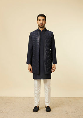 alt message - Twamev Men Dark Blue Self Mirror Patterned Kurta Jacket Set image number 3