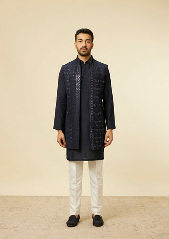 alt message - Twamev Men Dark Blue Self Mirror Patterned Kurta Jacket Set image number 3