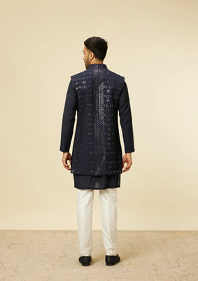 alt message - Twamev Men Dark Blue Self Mirror Patterned Kurta Jacket Set image number 4