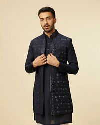 Twamev Men Dark Blue Self Mirror Patterned Kurta Jacket Set