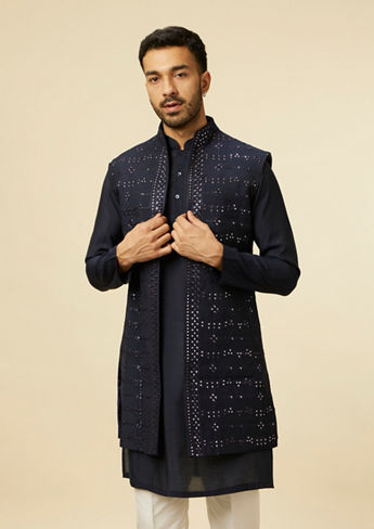 alt message - Twamev Men Dark Blue Self Mirror Patterned Kurta Jacket Set image number 0