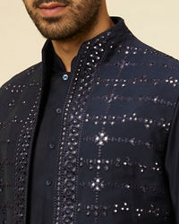 Twamev Men Dark Blue Self Mirror Patterned Kurta Jacket Set
