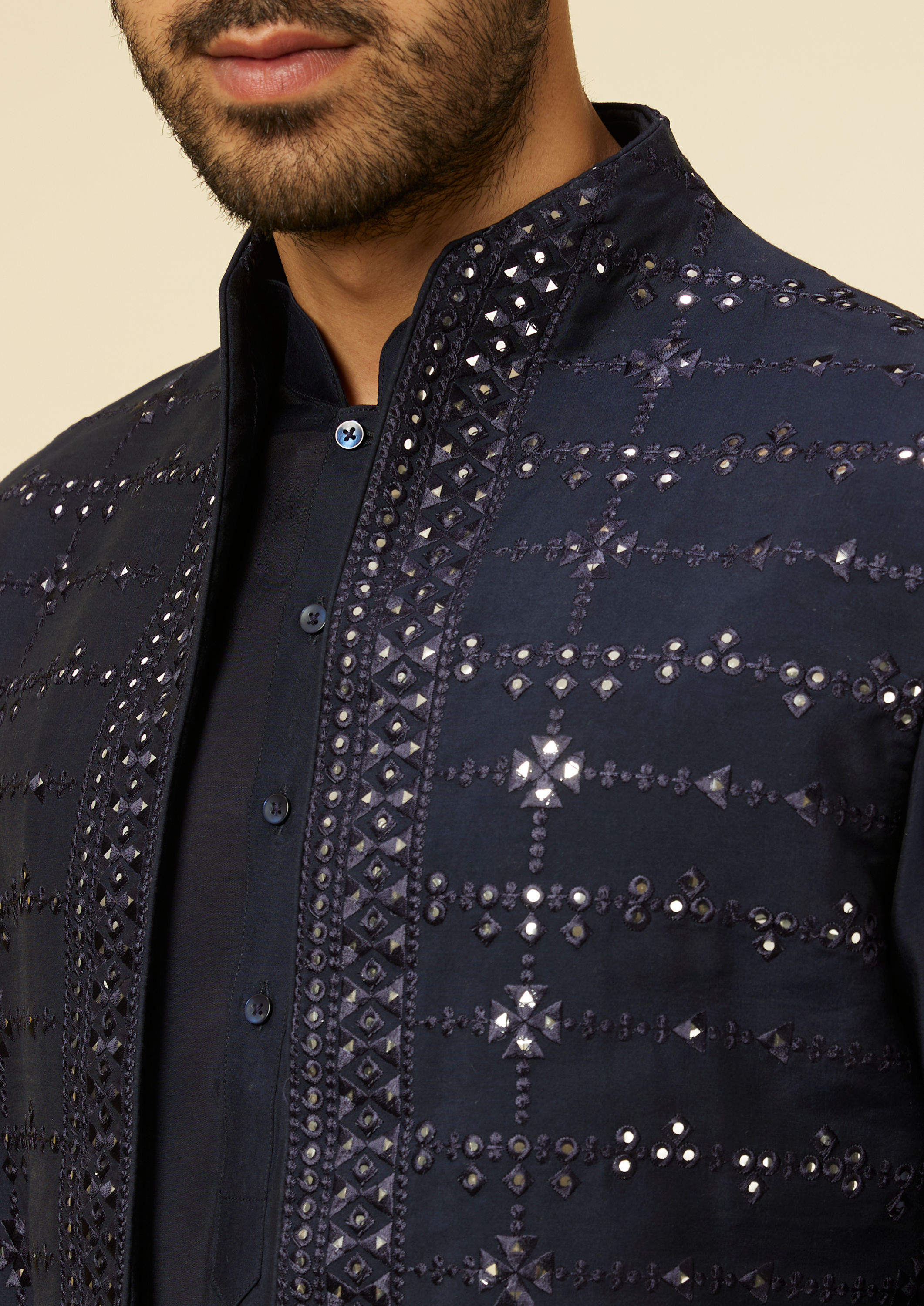 Twamev Men Dark Blue Self Mirror Patterned Kurta Jacket Set