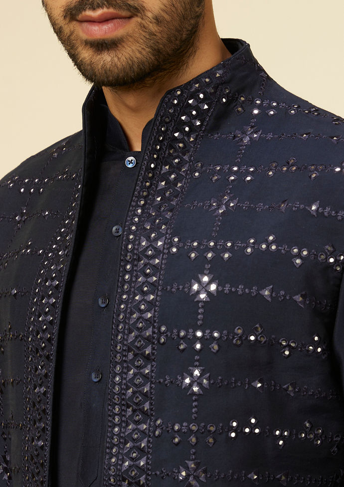 Twamev Men Dark Blue Self Mirror Patterned Kurta Jacket Set