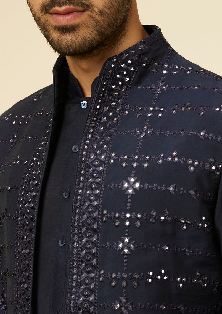 alt message - Twamev Men Dark Blue Self Mirror Patterned Kurta Jacket Set image number 1