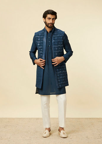 alt message - Twamev Men Teal Blue Kurta Jacket Set image number 3