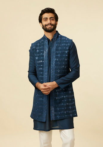 alt message - Twamev Men Teal Blue Kurta Jacket Set image number 0