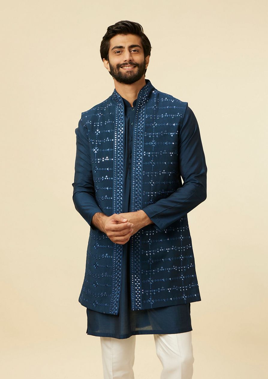 alt message - Twamev Men Teal Blue Kurta Jacket Set image number 0