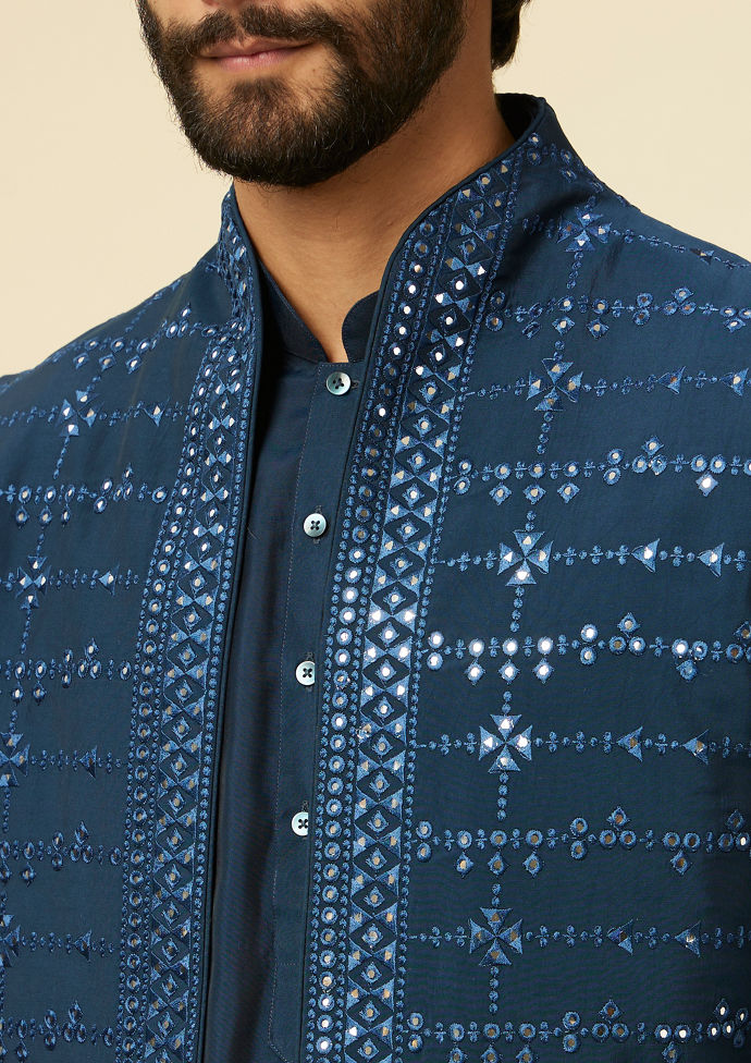 Twamev Men Teal Blue Kurta Jacket Set