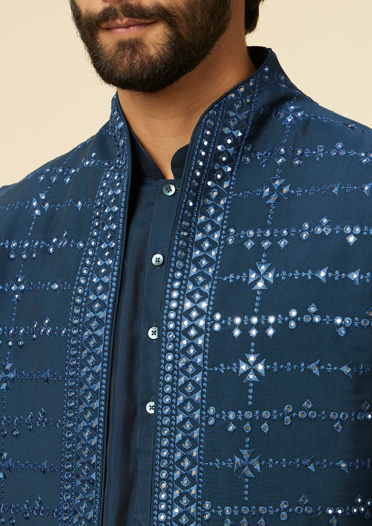 Twamev Men Teal Blue Kurta Jacket Set