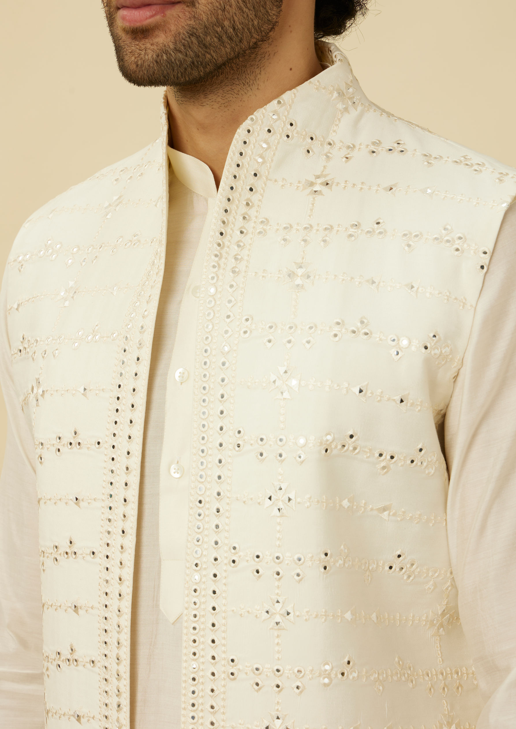 Twamev Men Dazzling White Kurta Jacket Set