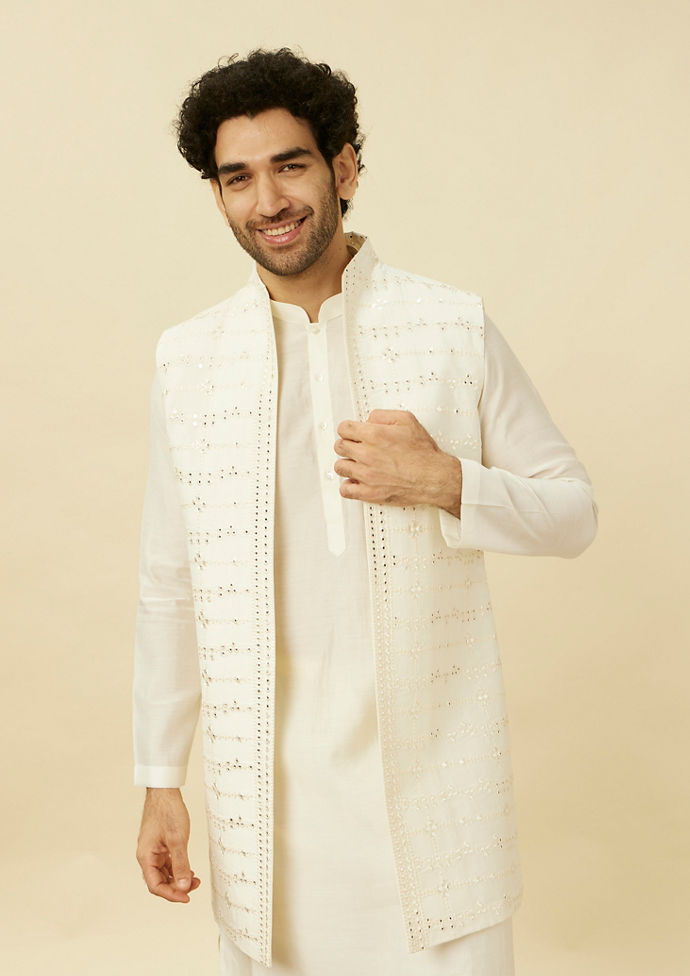 Twamev Men Dazzling White Kurta Jacket Set
