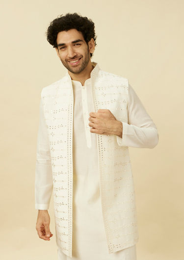 alt message - Twamev Men Dazzling White Kurta Jacket Set image number 0