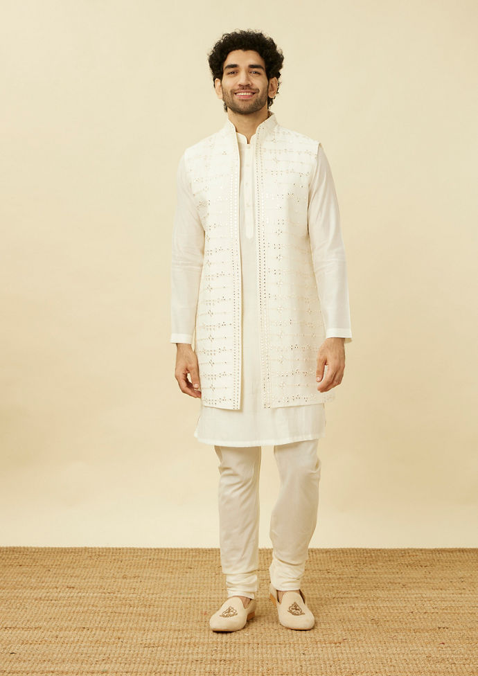 Twamev Men Dazzling White Kurta Jacket Set