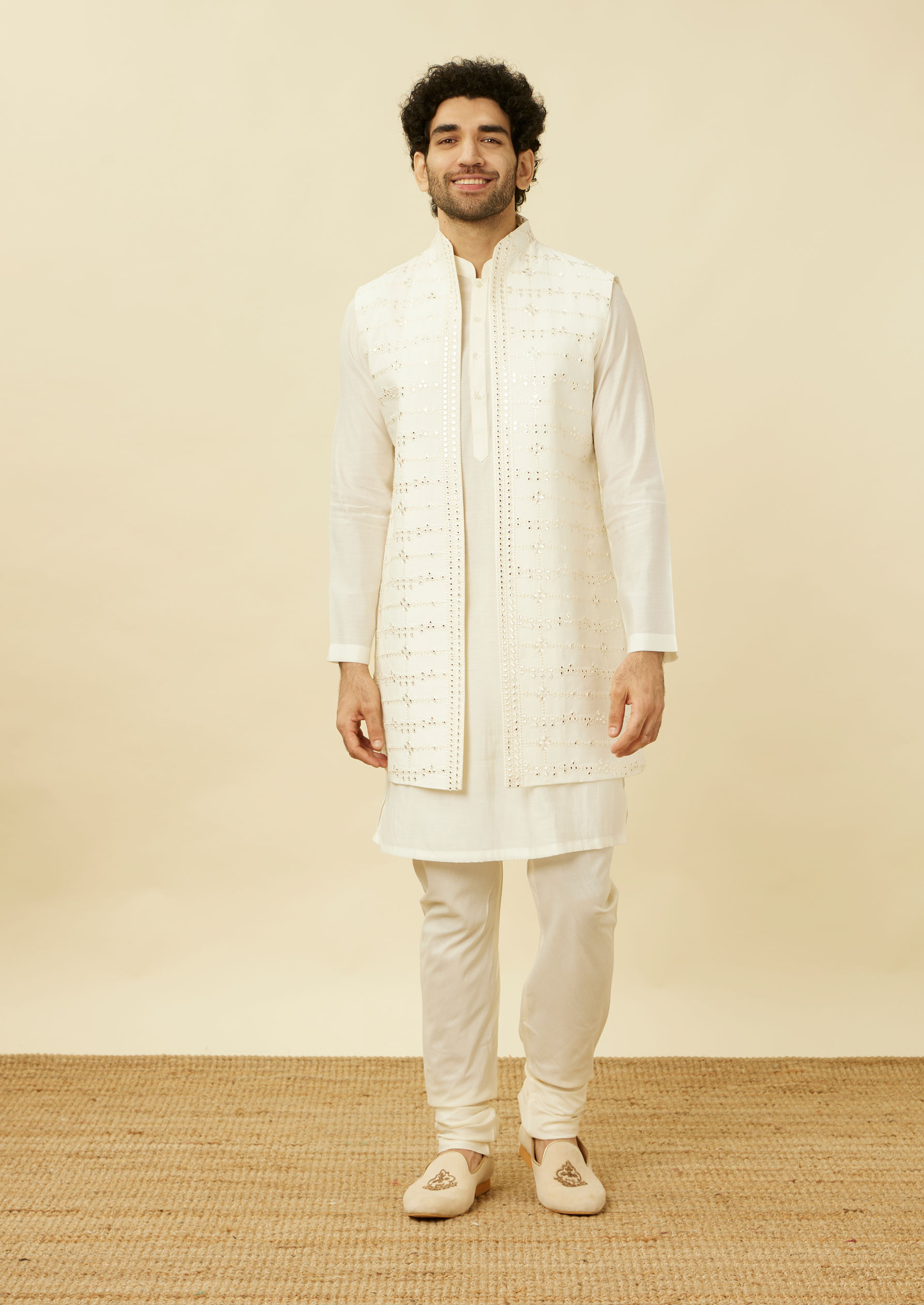 Twamev Men Dazzling White Kurta Jacket Set