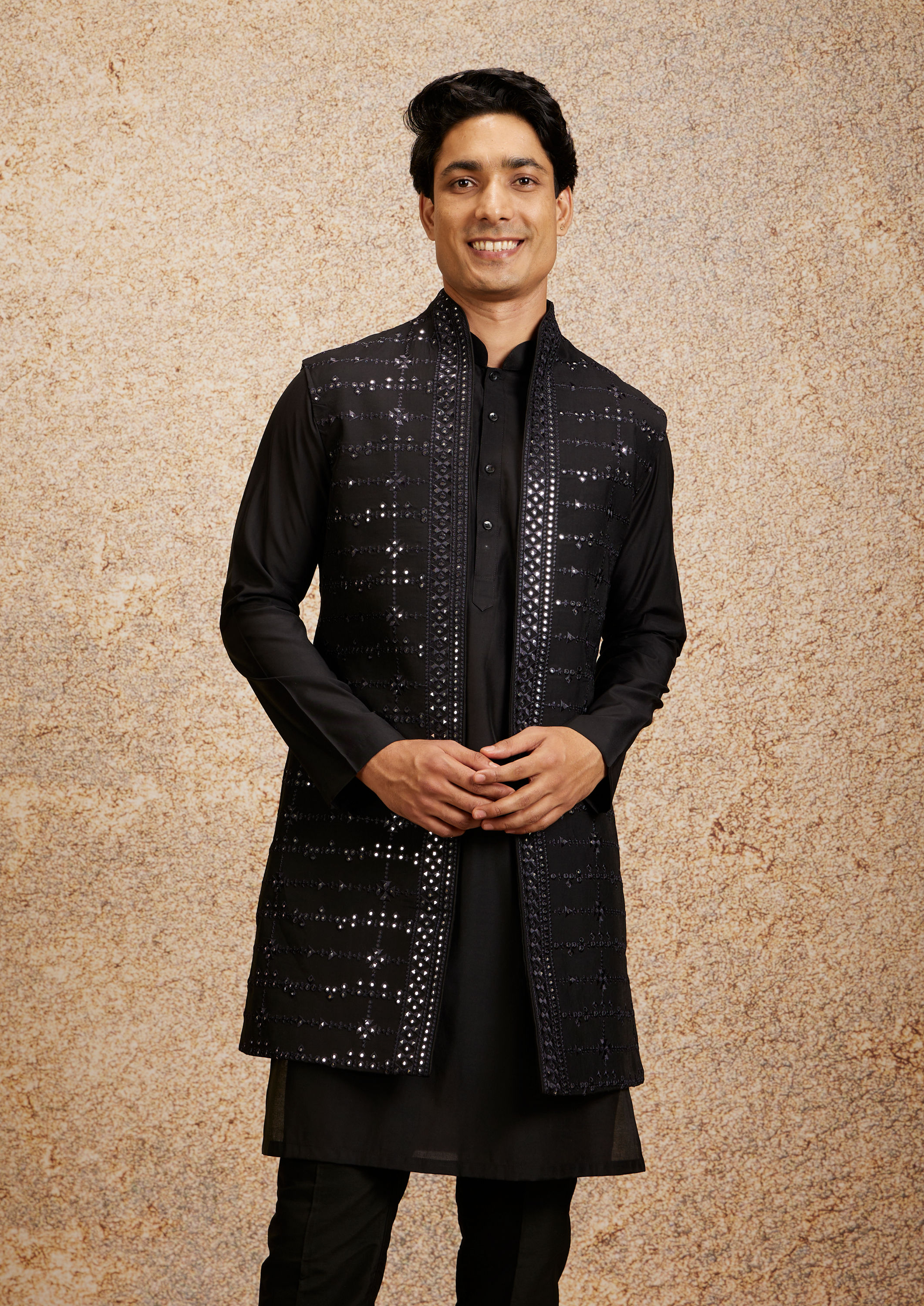 Twamev Men Black Kurta Jacket Set with Mirror Work