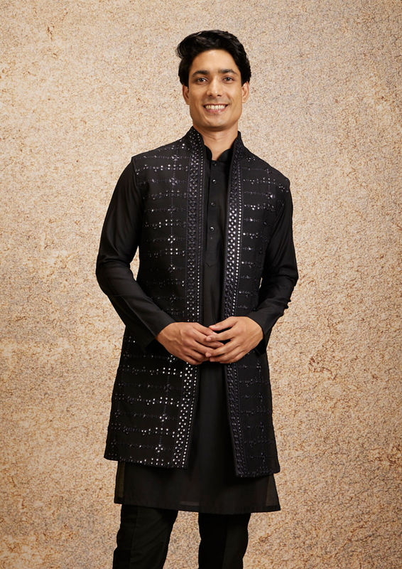 Twamev Men Black Kurta Jacket Set with Mirror Work
