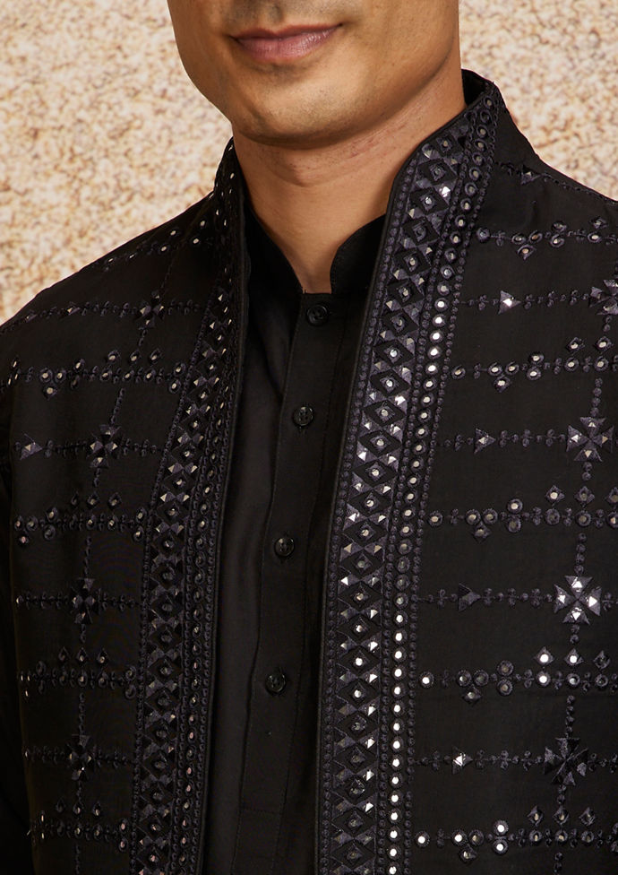Twamev Men Black Kurta Jacket Set with Mirror Work