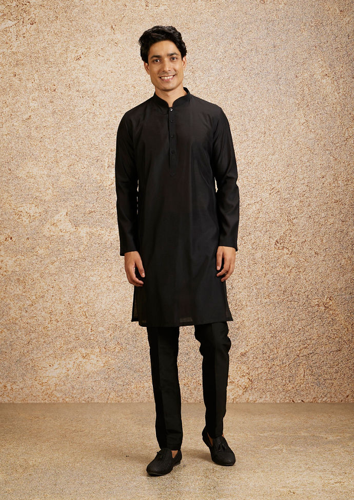 Twamev Men Black Kurta Jacket Set with Mirror Work