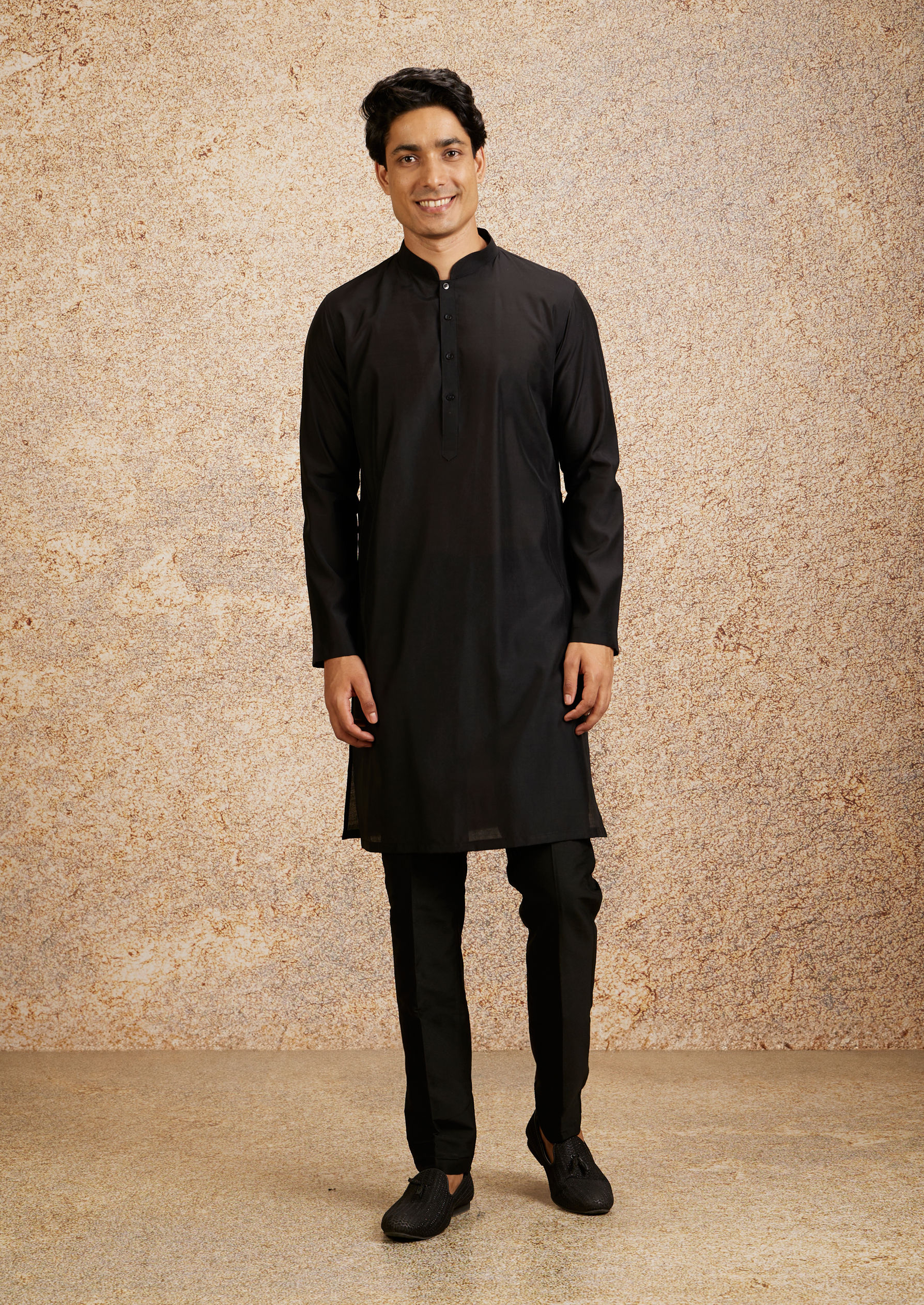 Twamev Men Black Kurta Jacket Set with Mirror Work