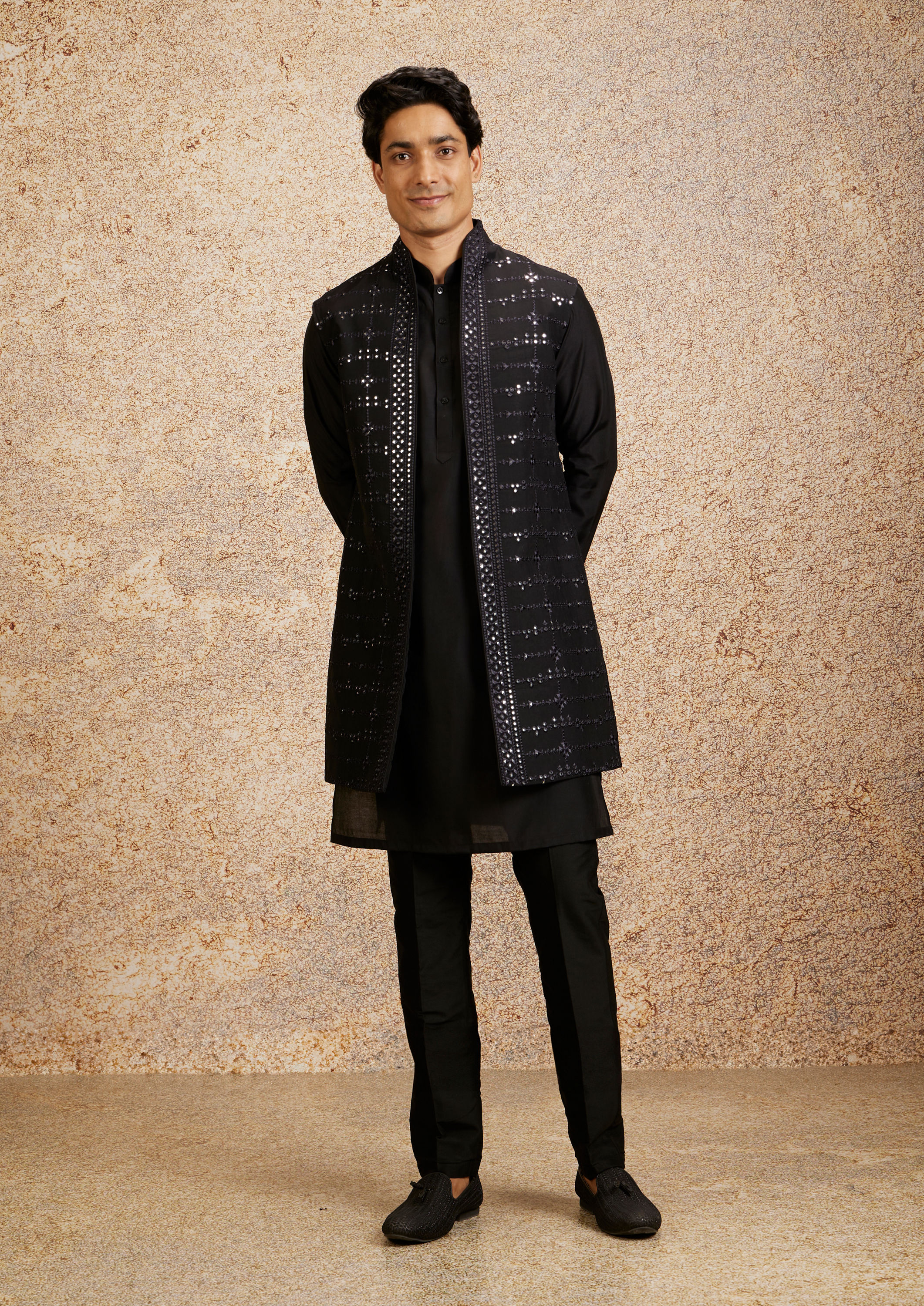 Twamev Men Black Kurta Jacket Set with Mirror Work