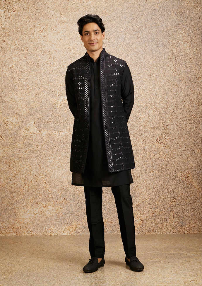 Twamev Men Black Kurta Jacket Set with Mirror Work