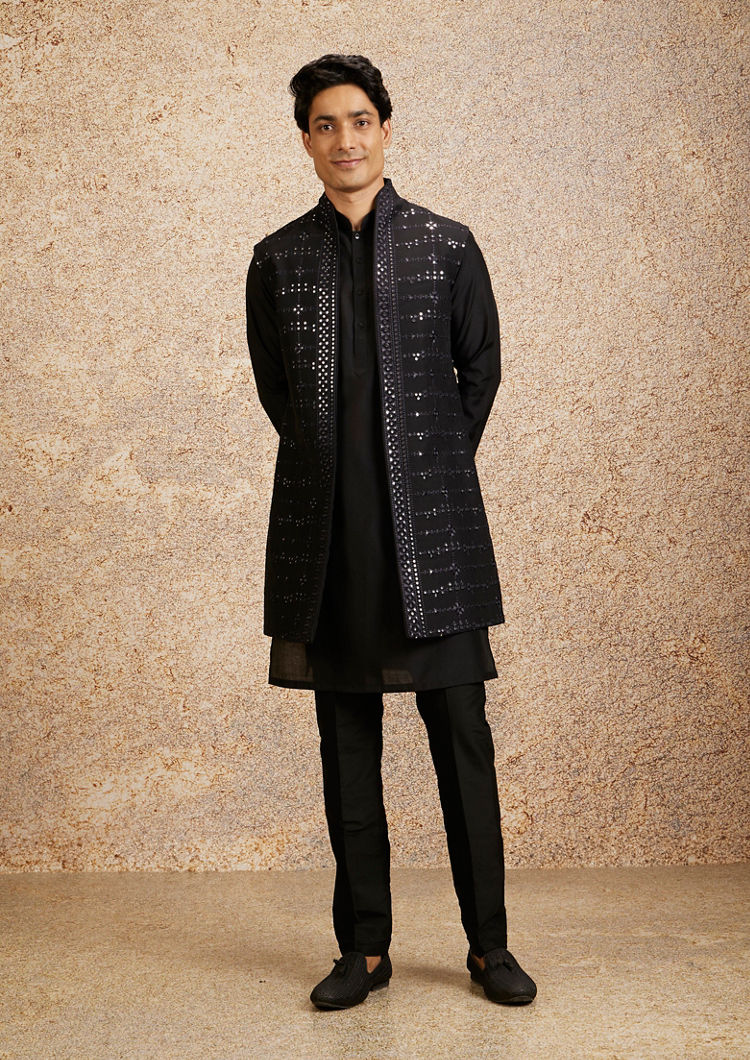 Twamev Men Black Kurta Jacket Set with Mirror Work