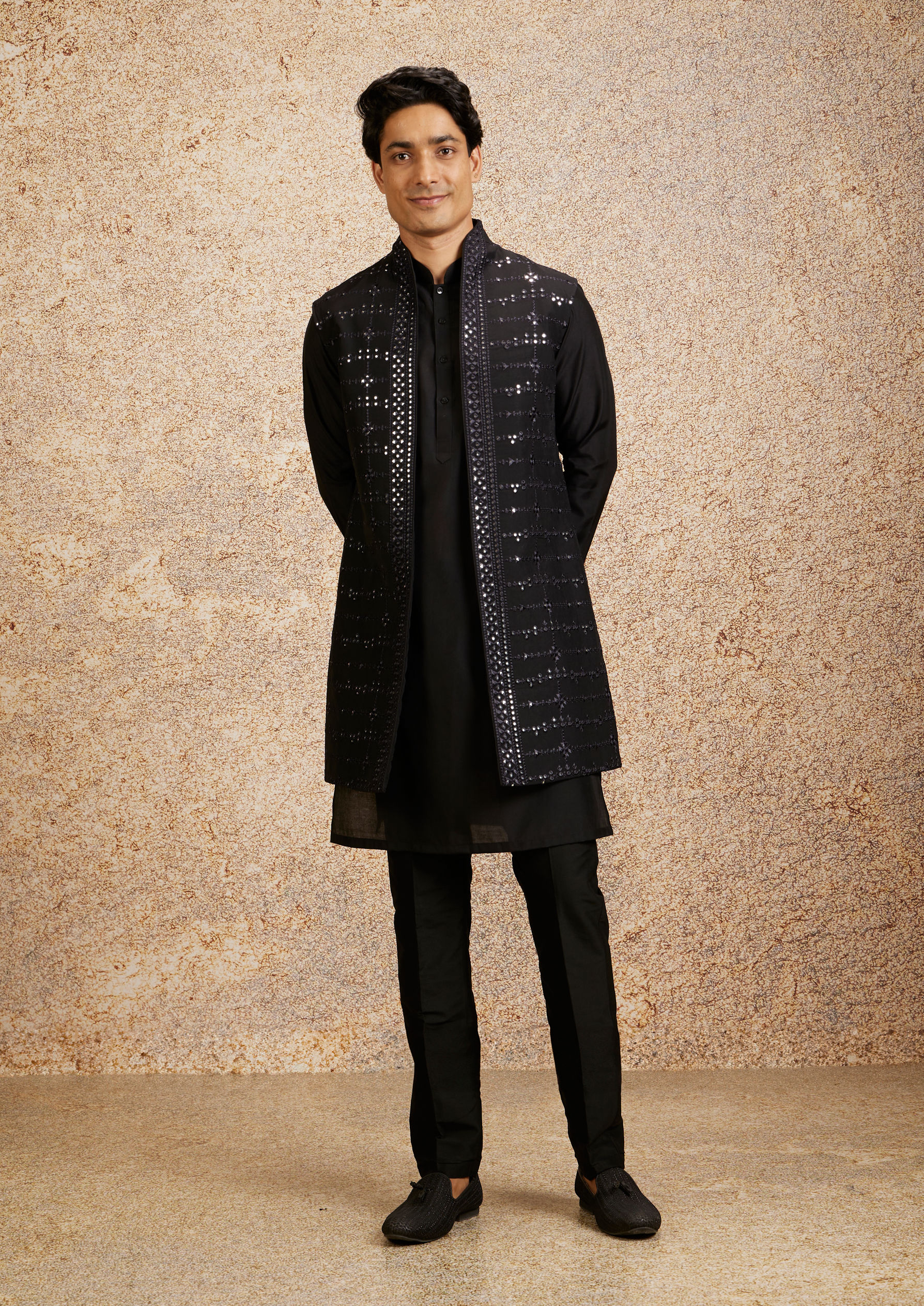 Twamev Men Black Kurta Jacket Set with Mirror Work