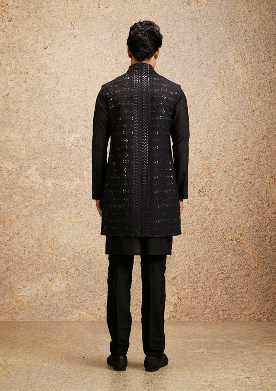 Twamev Men Black Kurta Jacket Set with Mirror Work