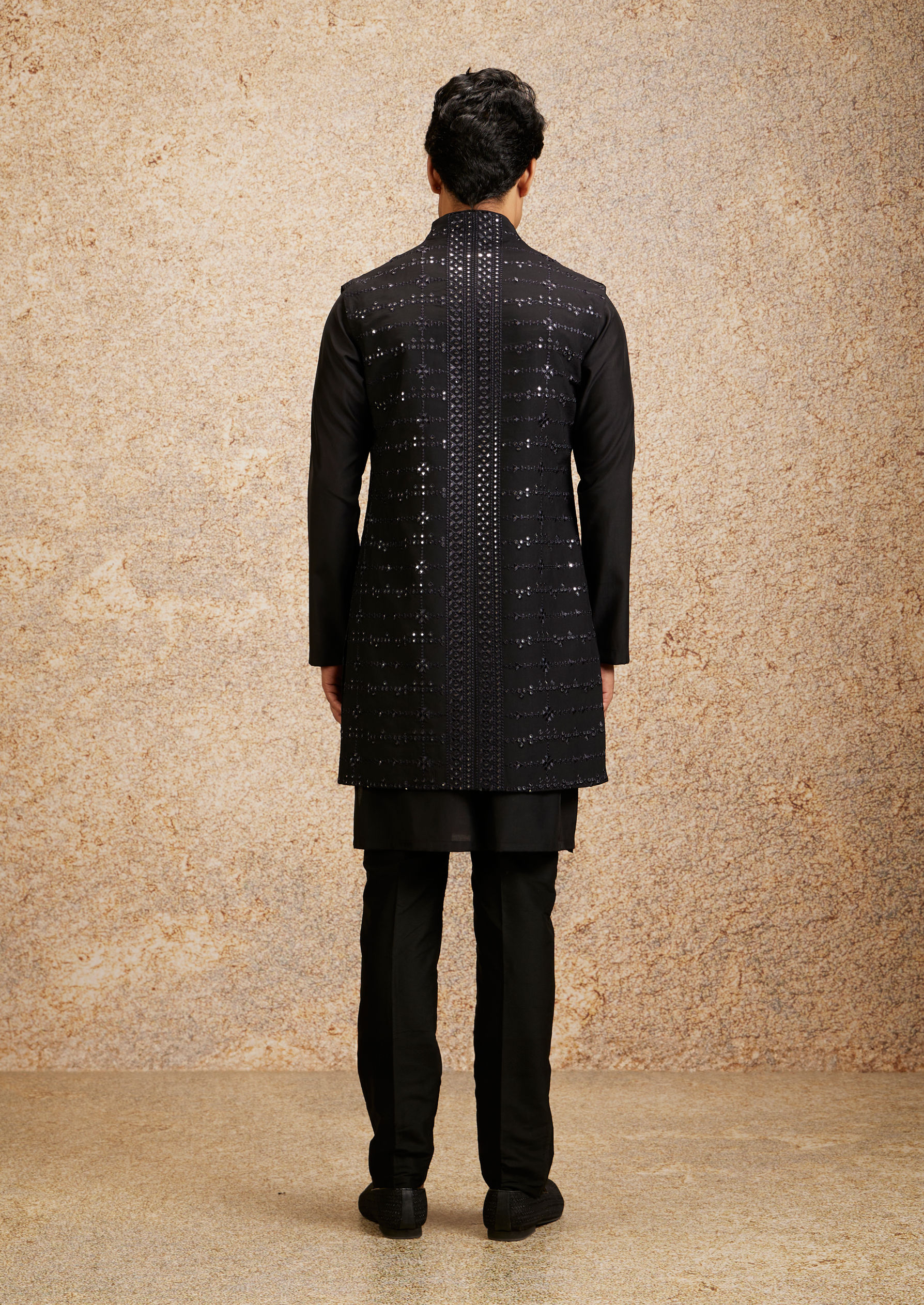 Twamev Men Black Kurta Jacket Set with Mirror Work