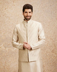 Twamev Men Light Beige Patterned Kurta Jacket Set