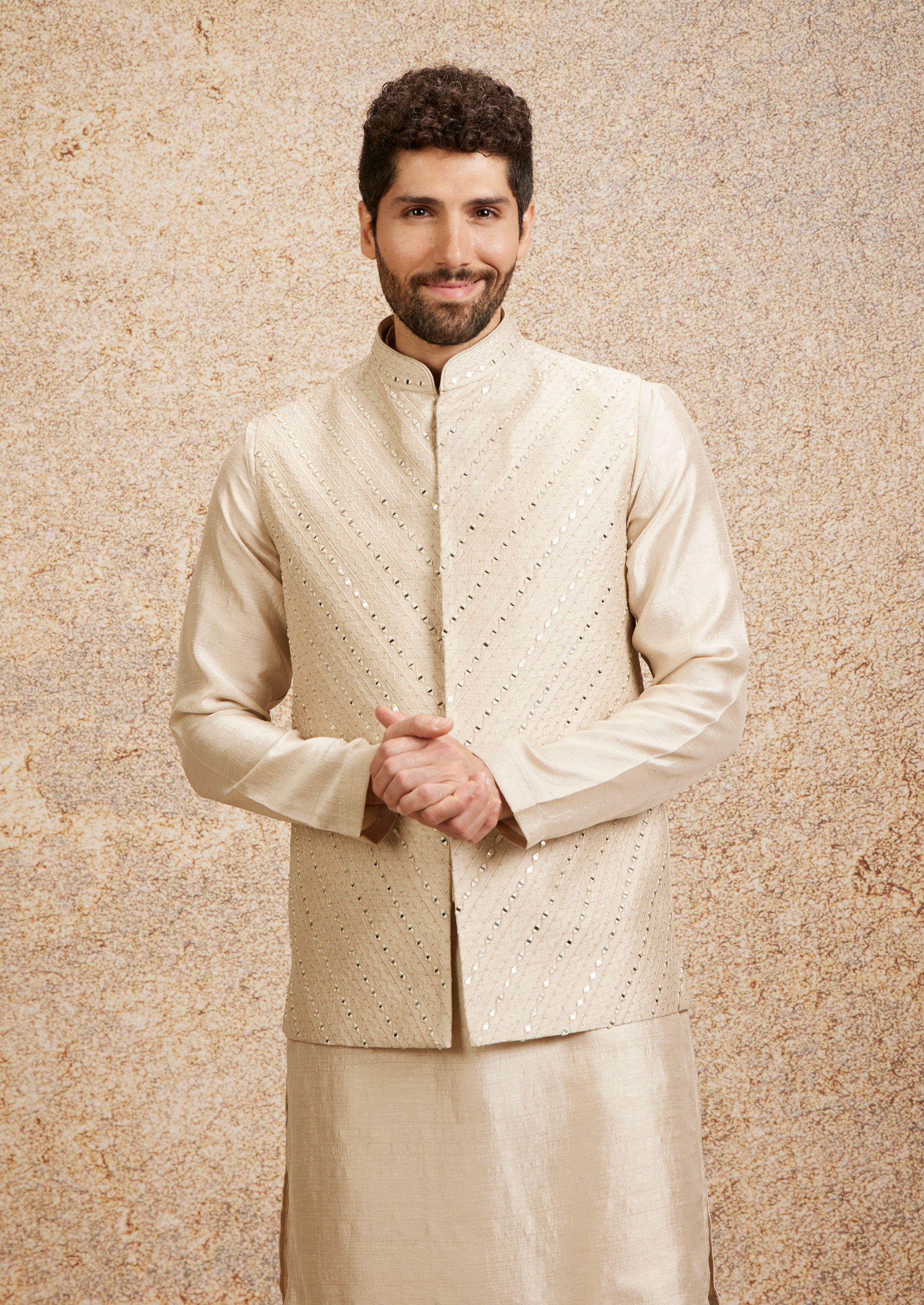 Twamev Men Light Beige Patterned Kurta Jacket Set