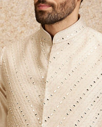 Twamev Men Light Beige Patterned Kurta Jacket Set