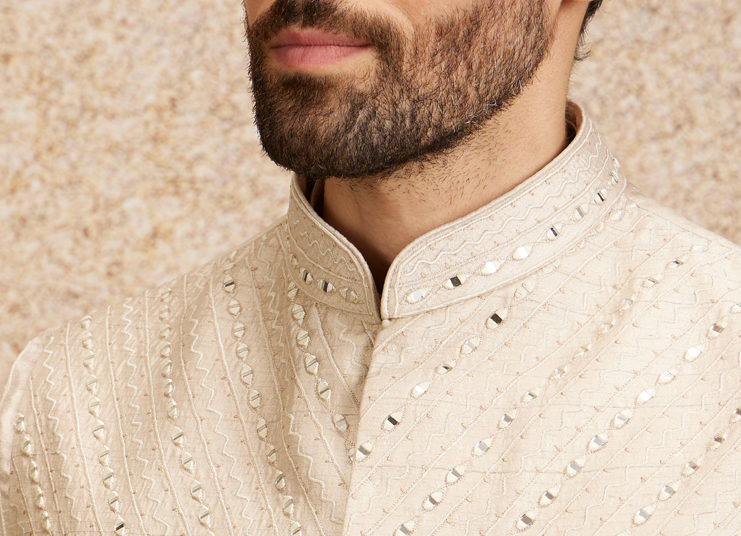 Twamev Men Light Beige Patterned Kurta Jacket Set