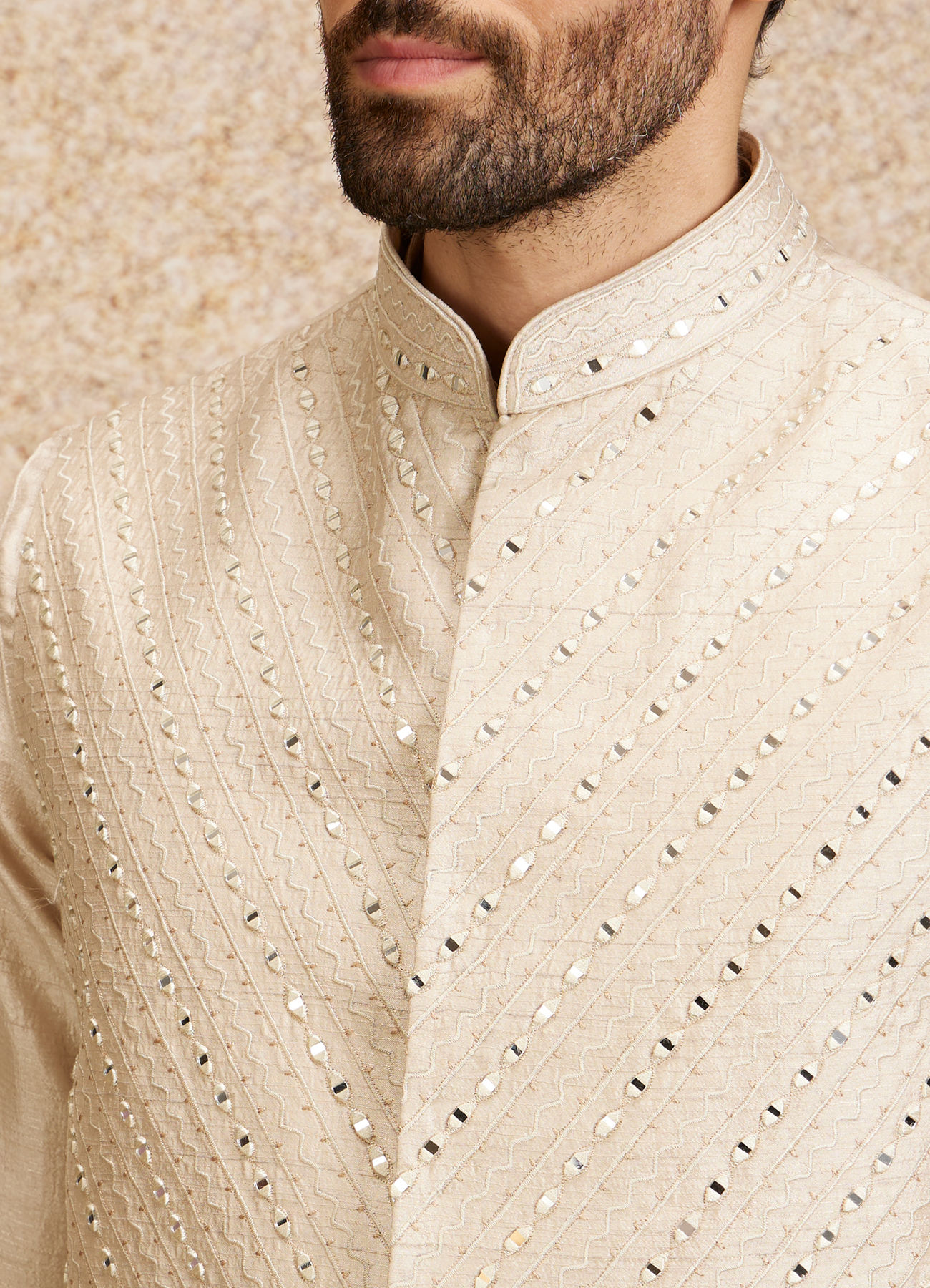 Twamev Men Light Beige Patterned Kurta Jacket Set