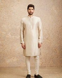 Twamev Men Light Beige Patterned Kurta Jacket Set