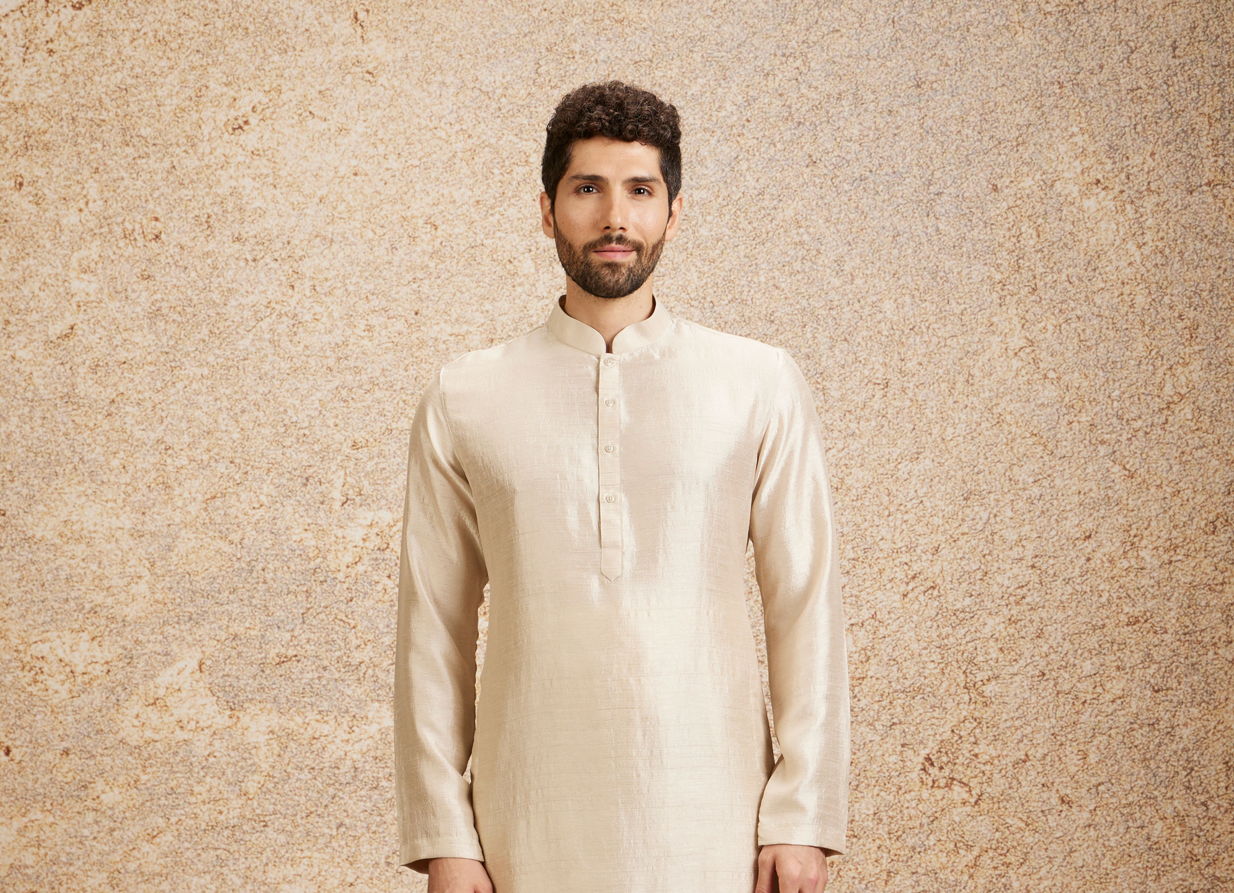 Twamev Men Light Beige Patterned Kurta Jacket Set