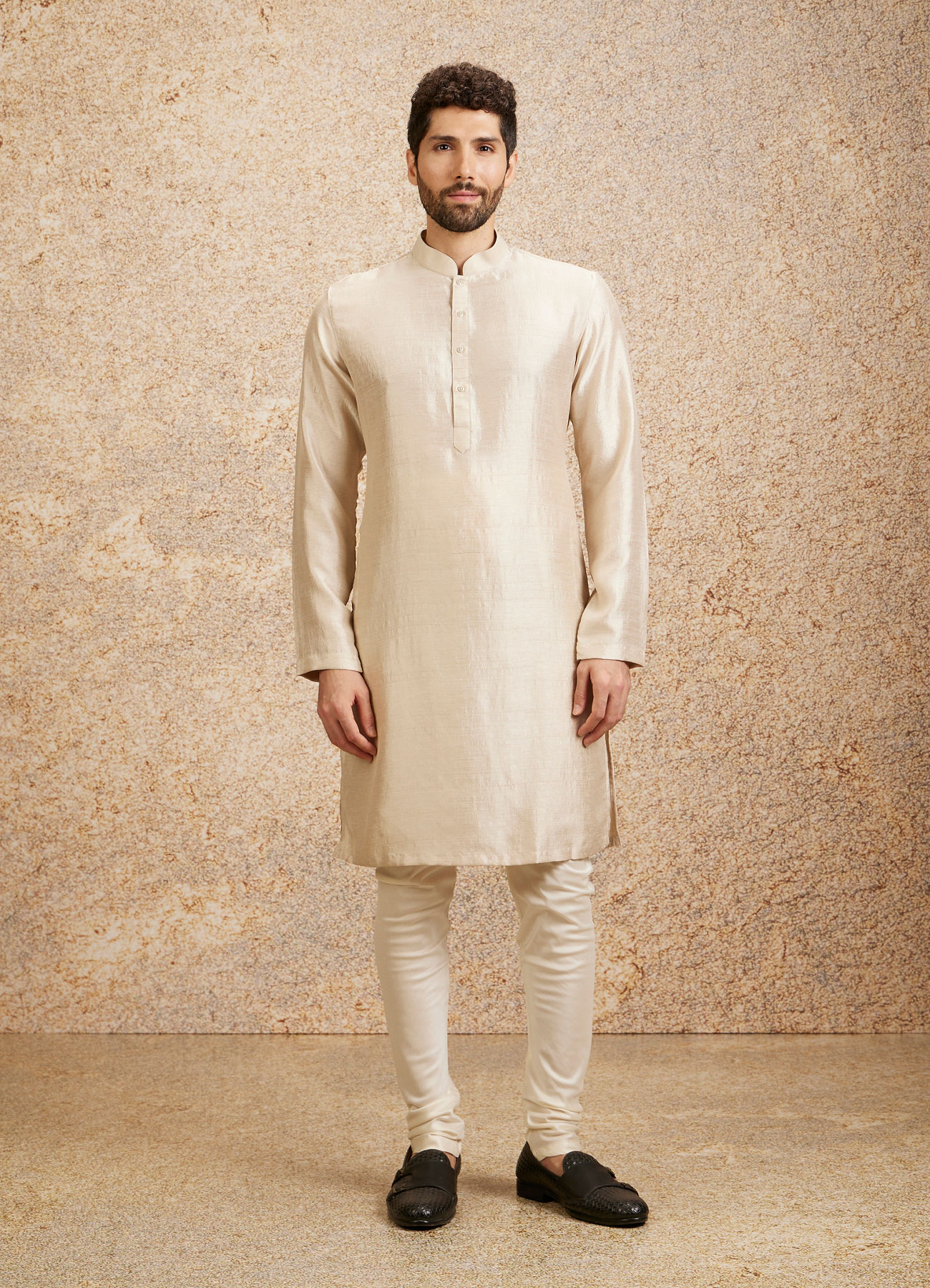 Twamev Men Light Beige Patterned Kurta Jacket Set