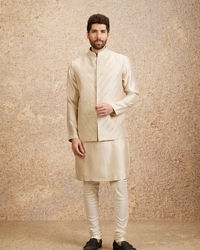 Twamev Men Light Beige Patterned Kurta Jacket Set