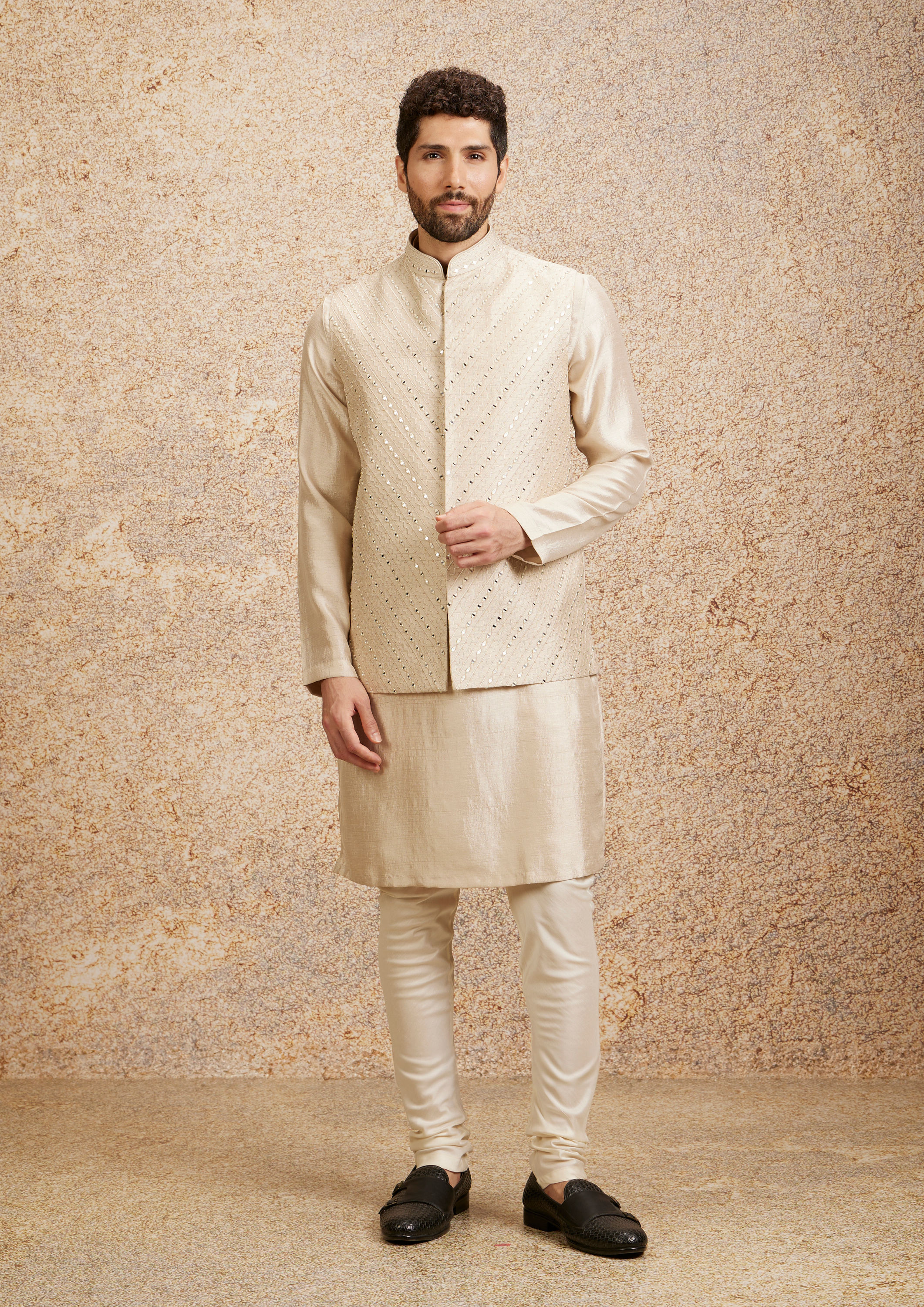 Twamev Men Light Beige Patterned Kurta Jacket Set