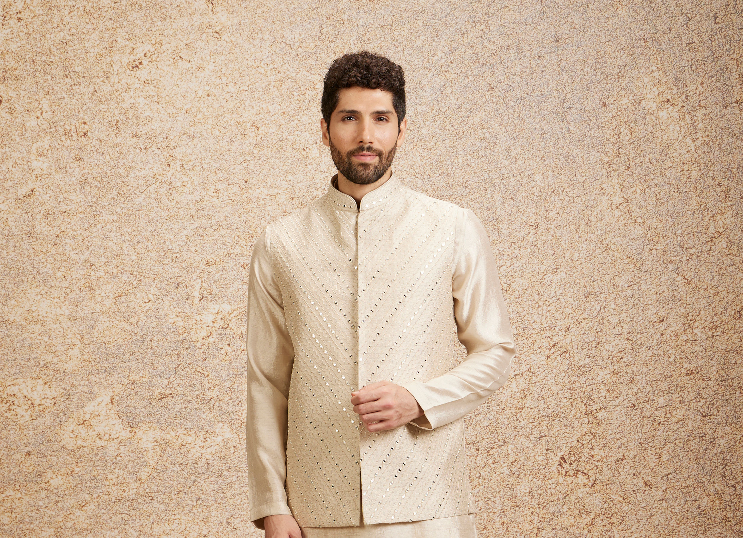 Twamev Men Light Beige Patterned Kurta Jacket Set