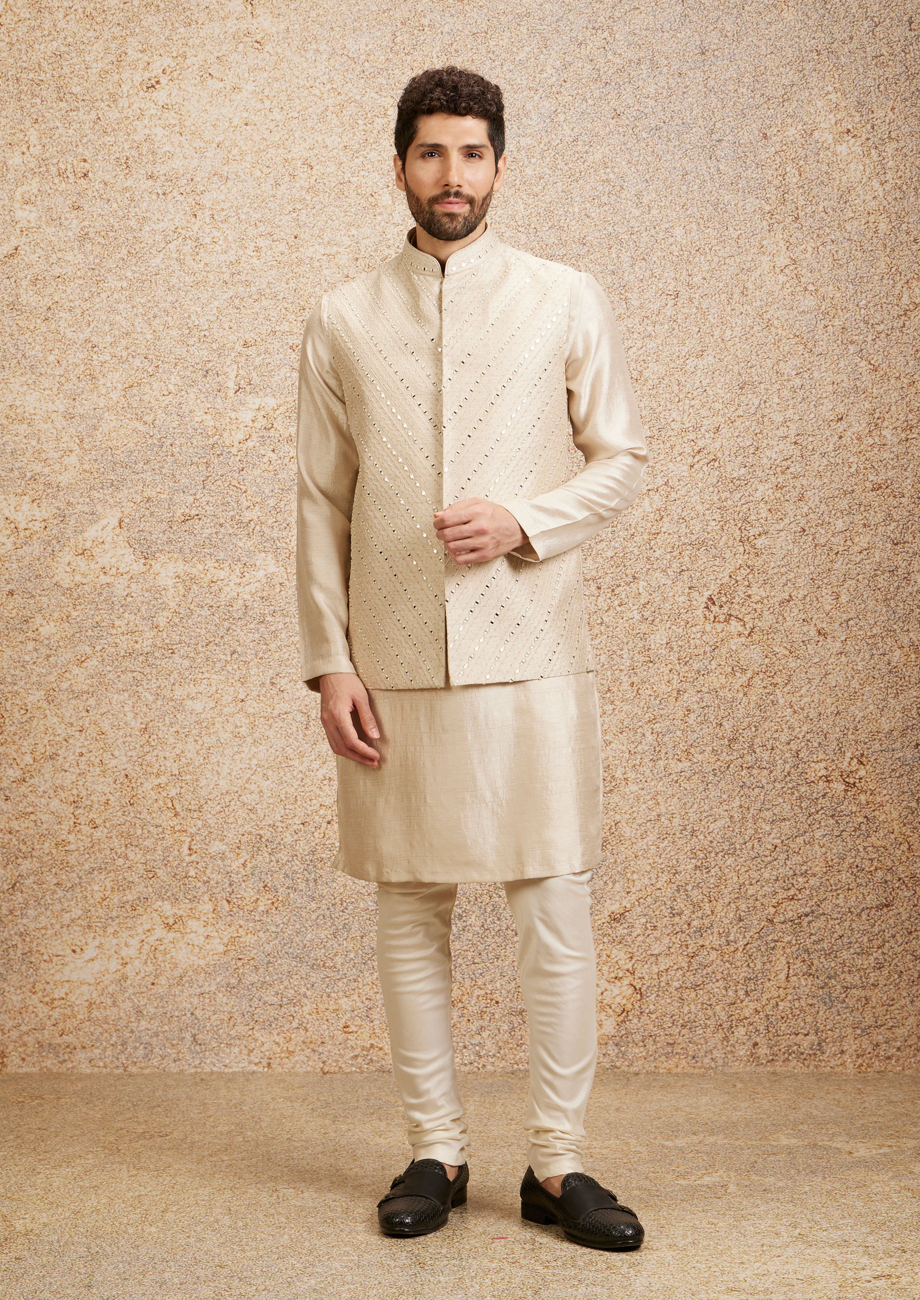 Twamev Men Light Beige Patterned Kurta Jacket Set