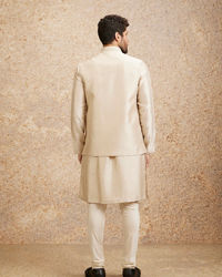 Twamev Men Light Beige Patterned Kurta Jacket Set