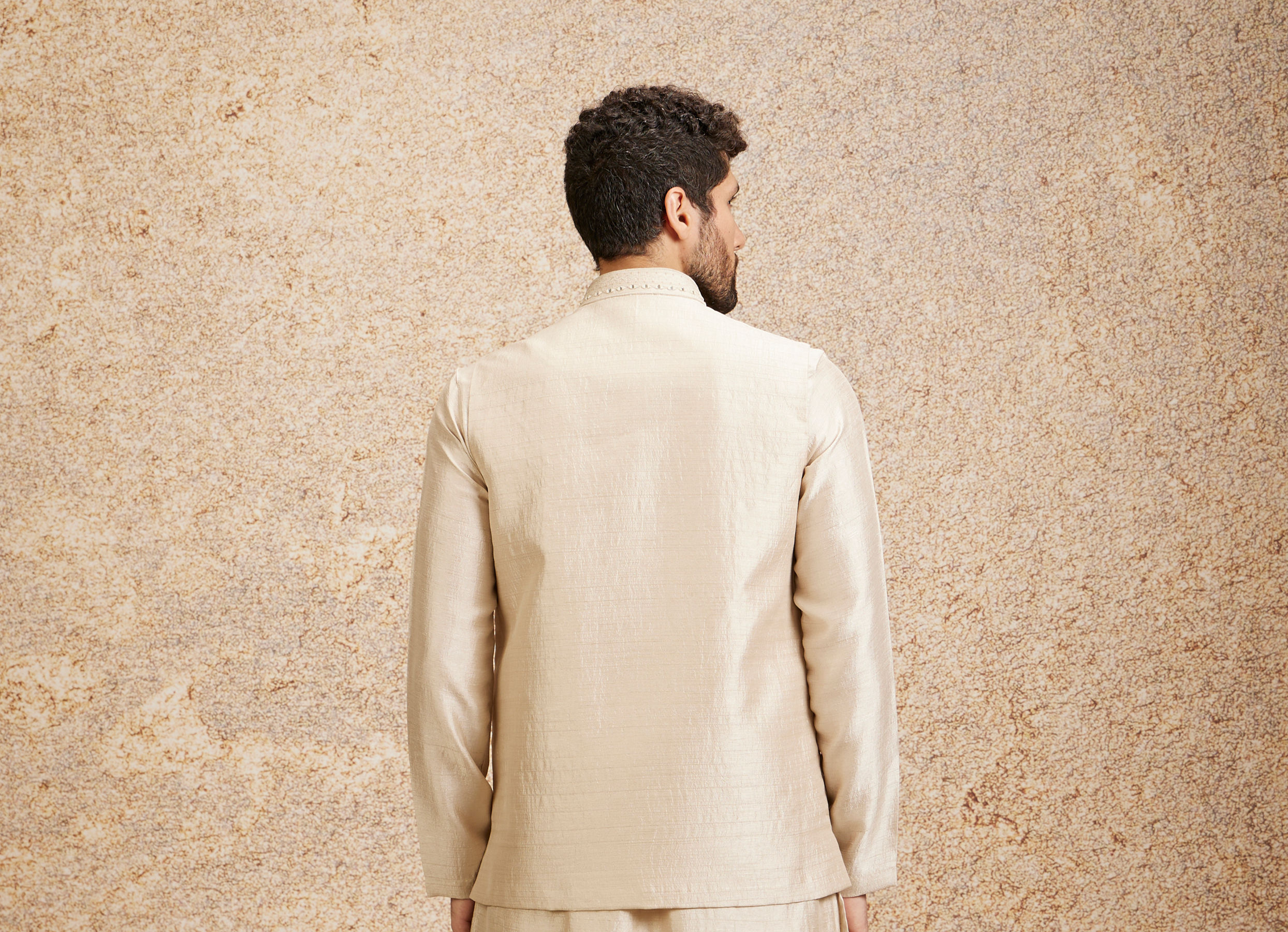 Twamev Men Light Beige Patterned Kurta Jacket Set