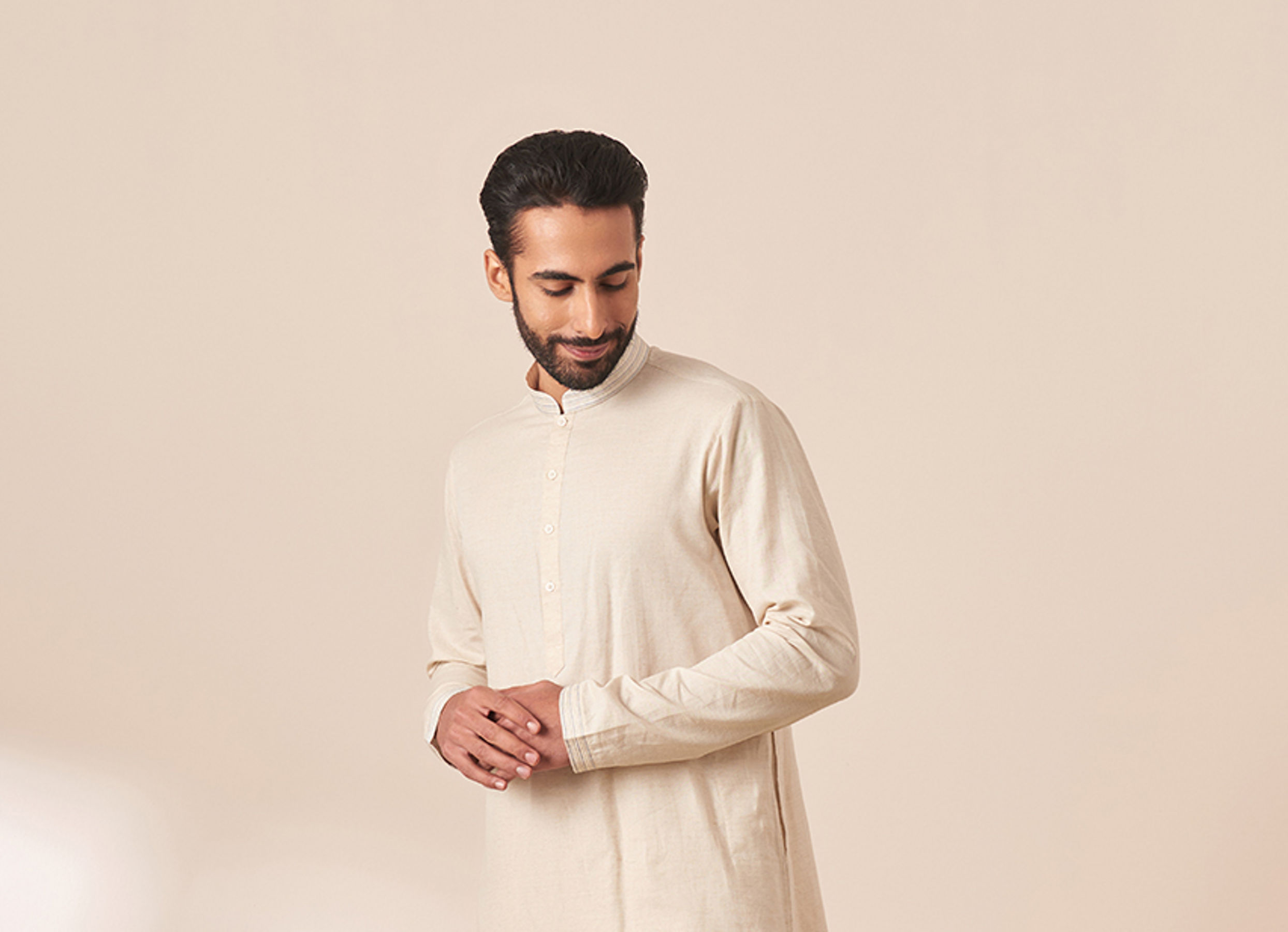 Twamev Men Cream Kurta Jacket Set with Multicolor Motifs