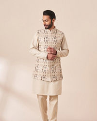 Twamev Men Cream Kurta Jacket Set with Multicolor Motifs