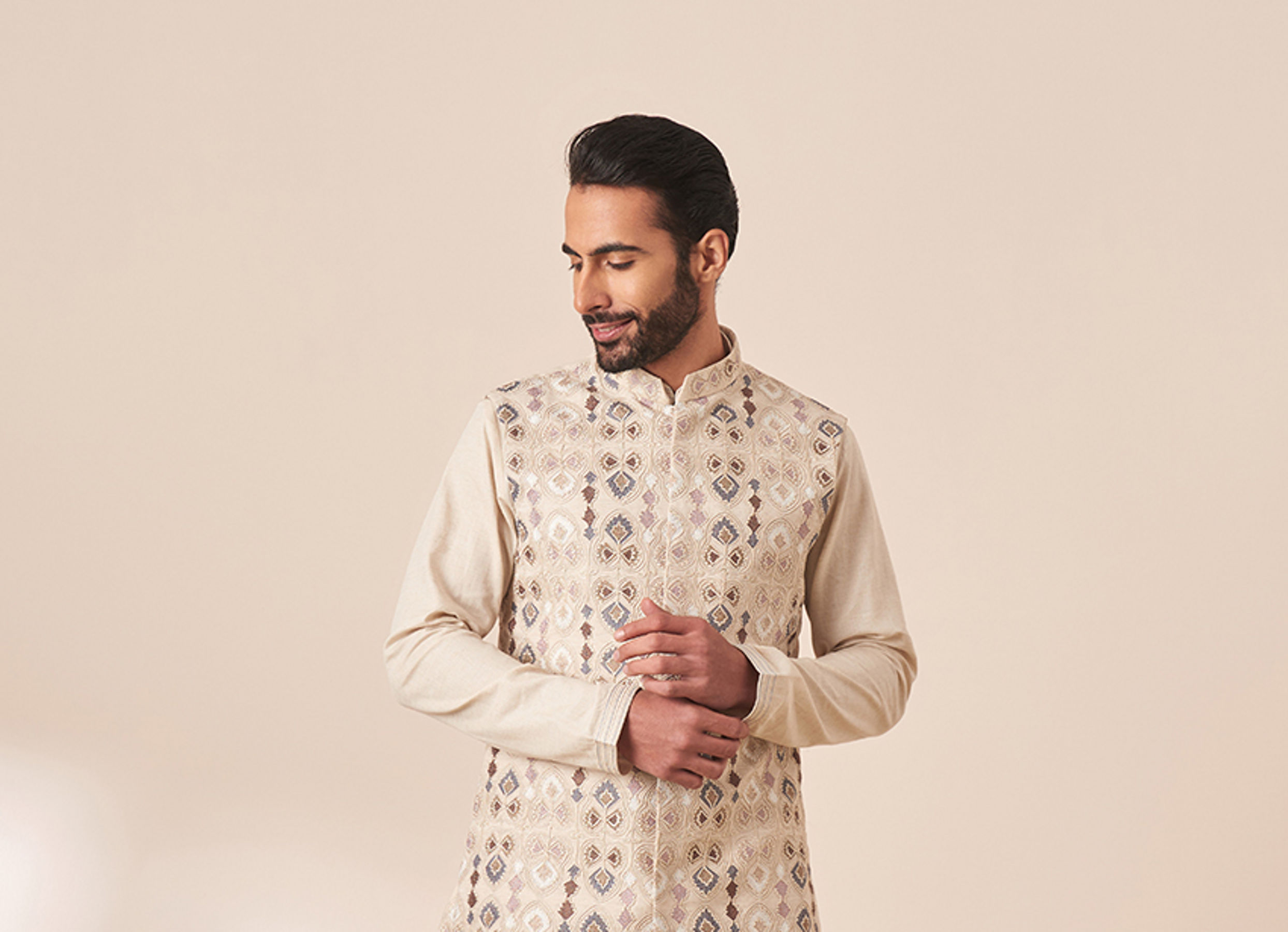 Twamev Men Cream Kurta Jacket Set with Multicolor Motifs