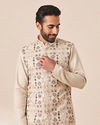 Twamev Men Cream Kurta Jacket Set with Multicolor Motifs