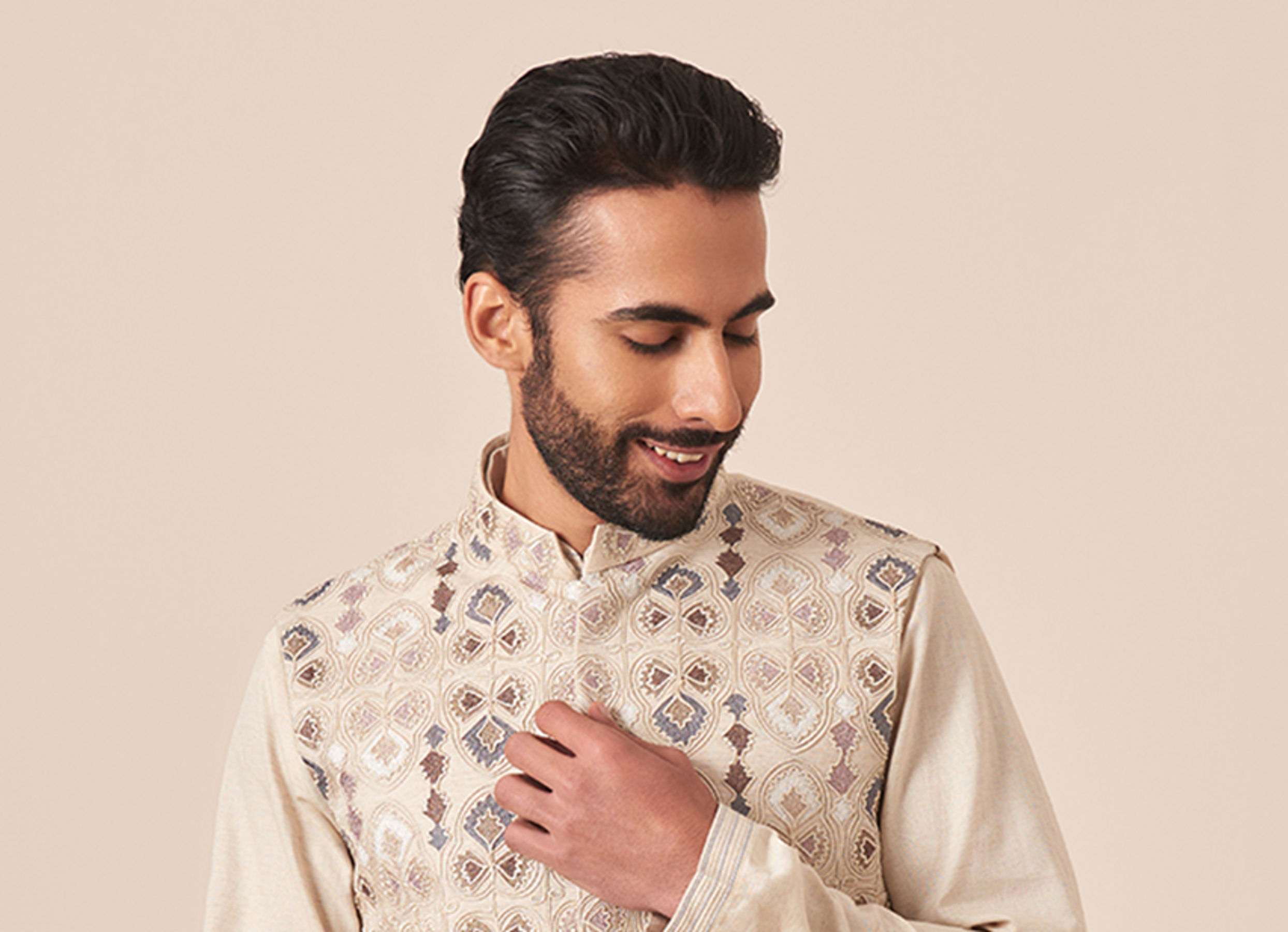 Twamev Men Cream Kurta Jacket Set with Multicolor Motifs